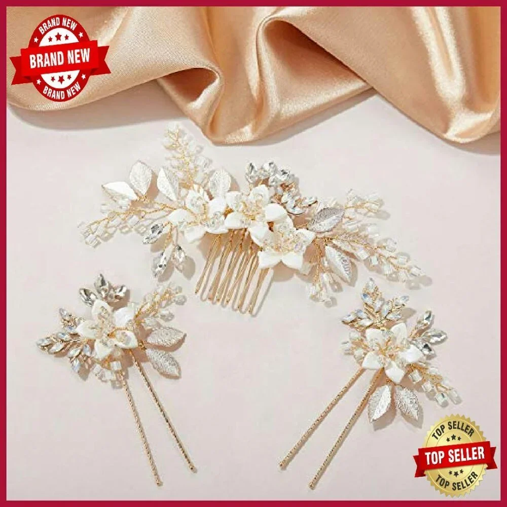 Handmade Wedding Hair Comb Set with Crystal Flowers and Gold Leaves